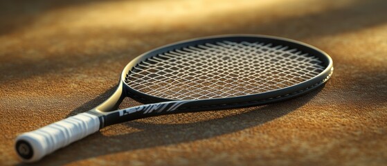 Textured tennis racket handle resting on the court under evening sun
