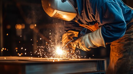 A welder welding stainless steel fittings for a luxury hotel's rooftop terrace, Stainless steel welding scene, Hospitality construction style