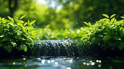 Fototapeta premium Tranquil Waterfall Surrounded by Lush Green Foliage in Nature