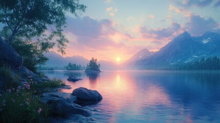 A panoramic view of a tranquil lake at twilight,