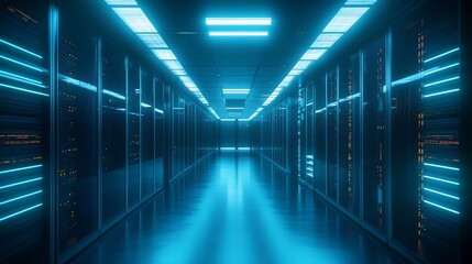 Futuristic data center corridor illuminated with blue lights.