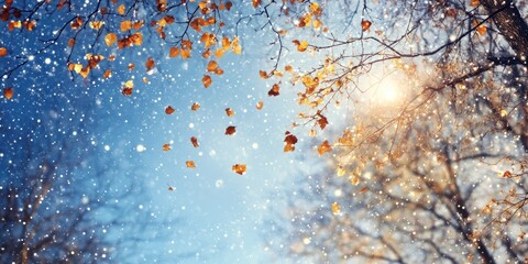 Abstract Winter Scene with Falling Leaves, Snowflakes, and Twinkling Stars in a Tranquil Blue Sky