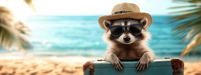 Raccoon with suitcase on the beach. Selective focus
