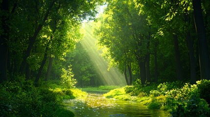 Obraz premium Sunlight Streaming Through Lush Green Forest with Calm Stream