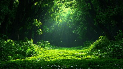 Obraz premium Serene Sunlight Filtering Through Lush Green Forest Canopy
