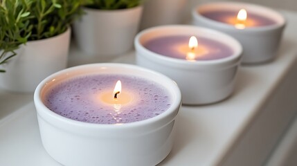 Lavender Scented Candles Burning Brightly In White Bowls