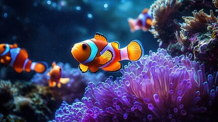 A family of clownfish swimming around anemones in the ocean, showcasing their bright orange and white stripes with purple tentacles.