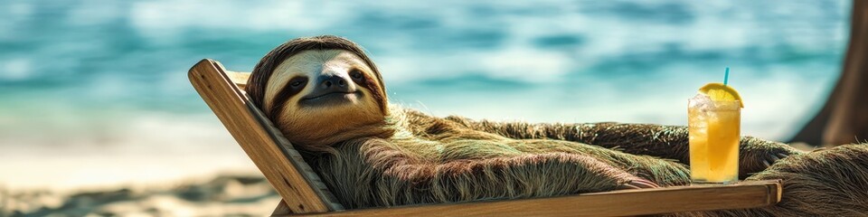 Naklejka premium Sloth with a cocktail on the beach. Selective focus