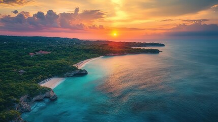 Bay surrounded by a mix of sandy beaches, cliffs, and diverse mangrove forests, vibrant sunset sky