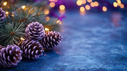 A festive scene featuring a purple wreath adorned with pine cones, surrounded by lush evergreen branches.