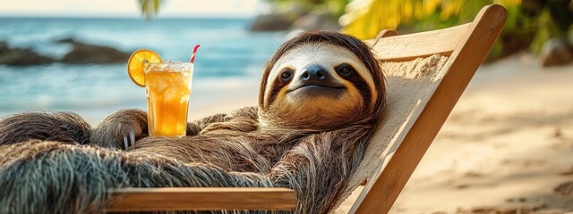 Sloth with a cocktail on the beach. Selective focus