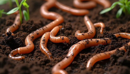 Close-up of earthworms on dark soil with young green seedlings in a garden