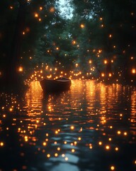 Enchanting boat on a river with magical floating lights.