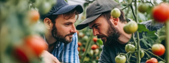 Fototapeta premium Man and woman picking tomatoes. Selective focus