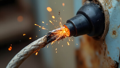 Electrical short circuit producing sparks from damaged wire against a rusty wall