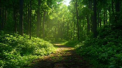 Obraz premium Serene Forest Pathway Surrounded by Lush Greenery and Sunlight