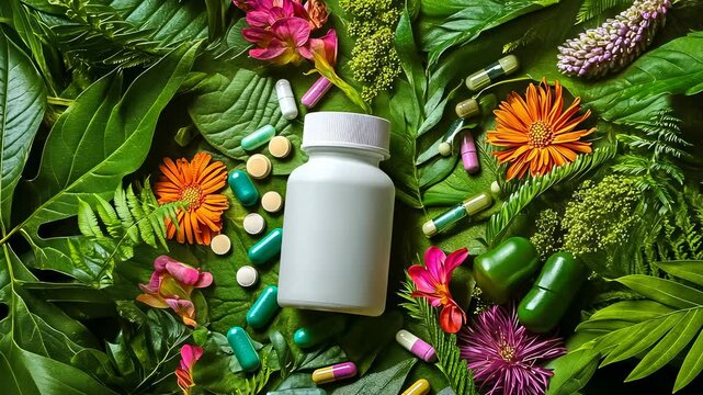 Bottle and pills vibrant flora daylight.Medicinal supplements integrated natural herbs.Container surrounded green leaves colorful blooms.Healthcare meets nature,blending wellness elements.Holistic
