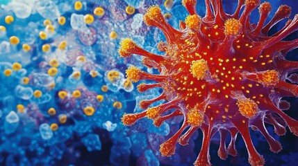 Microscopic view of a virus with surrounding particles.