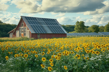 Obraz premium Sunflowers bloom vibrantly near a red barn with solar panels on a sunny afternoon in the countryside