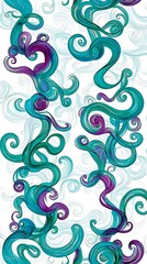 A lively and intense watercolor brushstroke in bright teal and purple, creating energetic swirls and curves across a clean white background