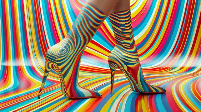 Woman s Legs in Colorful, Psychedelic Patterned Boots on a Matching Abstract Wavy Background