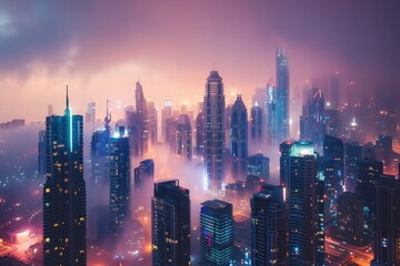 Fototapeta premium Skyscrapers illuminated by vibrant lights create a stunning urban landscape at night in a bustling metropolis