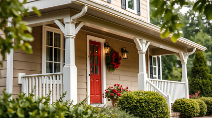 Fototapeta premium Charming Red Door Home Exterior with White Columns and Lush Landscaping. Perfect for real estate listings or home decor inspiration.