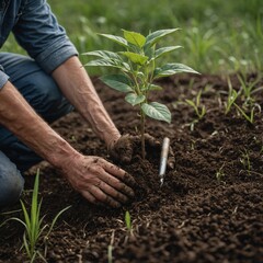 A close-up of hands planting a sapling in fresh soil, with tools and grass blurred in the background.