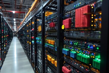 Server racks with blinking leds illuminating a modern data center corridor
