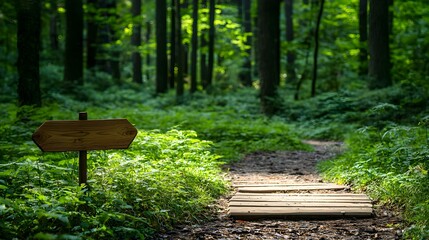 Tranquil Forest Path with Wooden Signboard Surrounded by Greenery