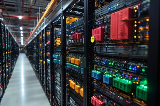 Server racks with blinking leds illuminating a modern data center corridor