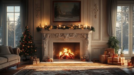 Cozy holiday living room featuring a brick fireplace with a warm fire,