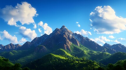 Obraz premium Majestic Mountain Landscape with Lush Greenery and Blue Sky