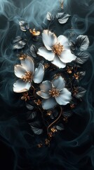 Black and white floral design with gold accents placed in a heart shaped frame with a smoky background in digital art style