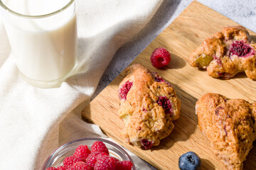 Pear and raspberry scones. Fresh pastries.