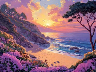 Remote bay with a mix of sandy shores, rocky outcrops, and diverse coastal plants under a vibrant sunset