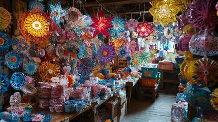 Fototapeta premium Vibrant Colorful Paper Flowers Festive Handmade Decorations Shop Display Bright Starburst Patterns Unique Artisan Crafts Traditional Mexican Style 