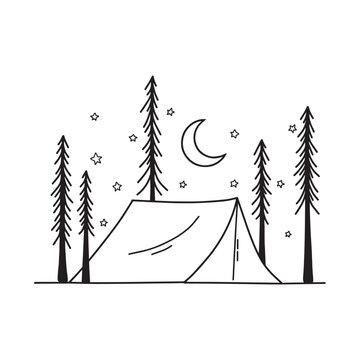 recommend clip art: Camping place, tent with tall trees, night sky with moon and stars. Vector line art