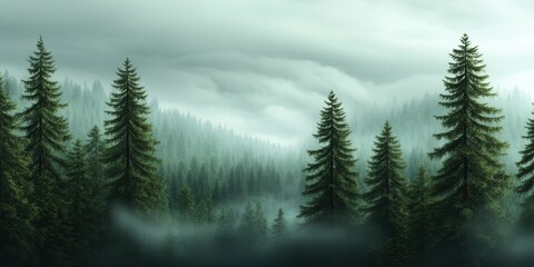 Fototapeta premium Misty pine forest at dawn with layers of fog