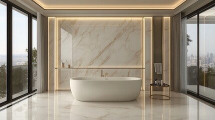 Fototapeta premium Luxurious Modern Bathroom With City View And Freestanding Tub