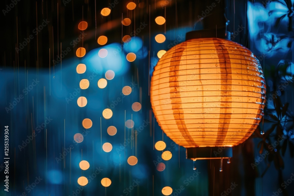 Poster lantern glowing softly in the rain at night, creating a serene atmosphere with blurred lights in the