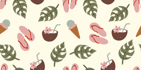 Hand drawn summer tropical seamless pattern featuring ice cream, flip-flops, and coconut drinks vector illustration
