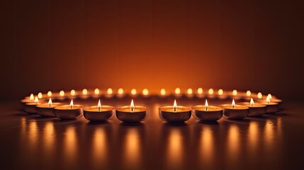 A flat lay image featuring a circular arrangement of small, lit oil lamps on a dark, textured surface.