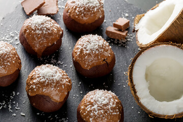 Delicious homemade chocolate coconut cookies, close-up.