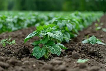 Young potato plant growing in fertile soil, showing healthy green leaves and fresh sprouts in...