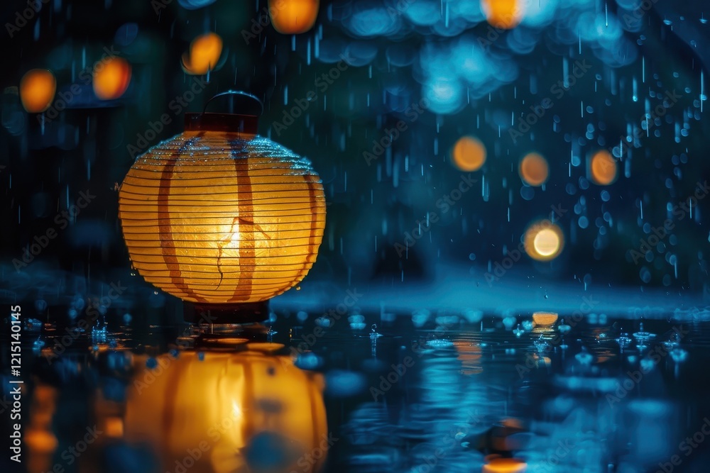 Poster Lantern glowing softly in the rain at night, creating a serene atmosphere with blurred lights in the background