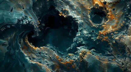 Abstract cosmic art featuring swirling turquoise and golden patterns resembling nebulas and celestial formations, perfect for modern interior design and creative projects.