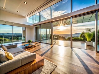 Fototapeta premium Minimalist Home Interior: Panoramic View Through Large Sliding Glass Windows