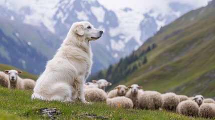Fototapeta premium Patou Gardant un Troupeau de Moutons dans une Vallée Montagnarde avec Sommets Enneigés