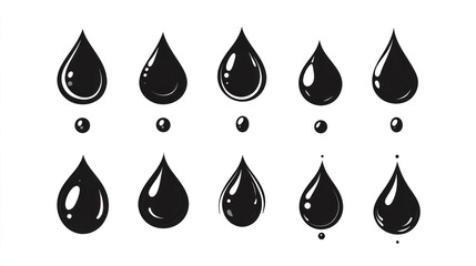 Twelve black liquid drop icons, isolated on white, for design elements